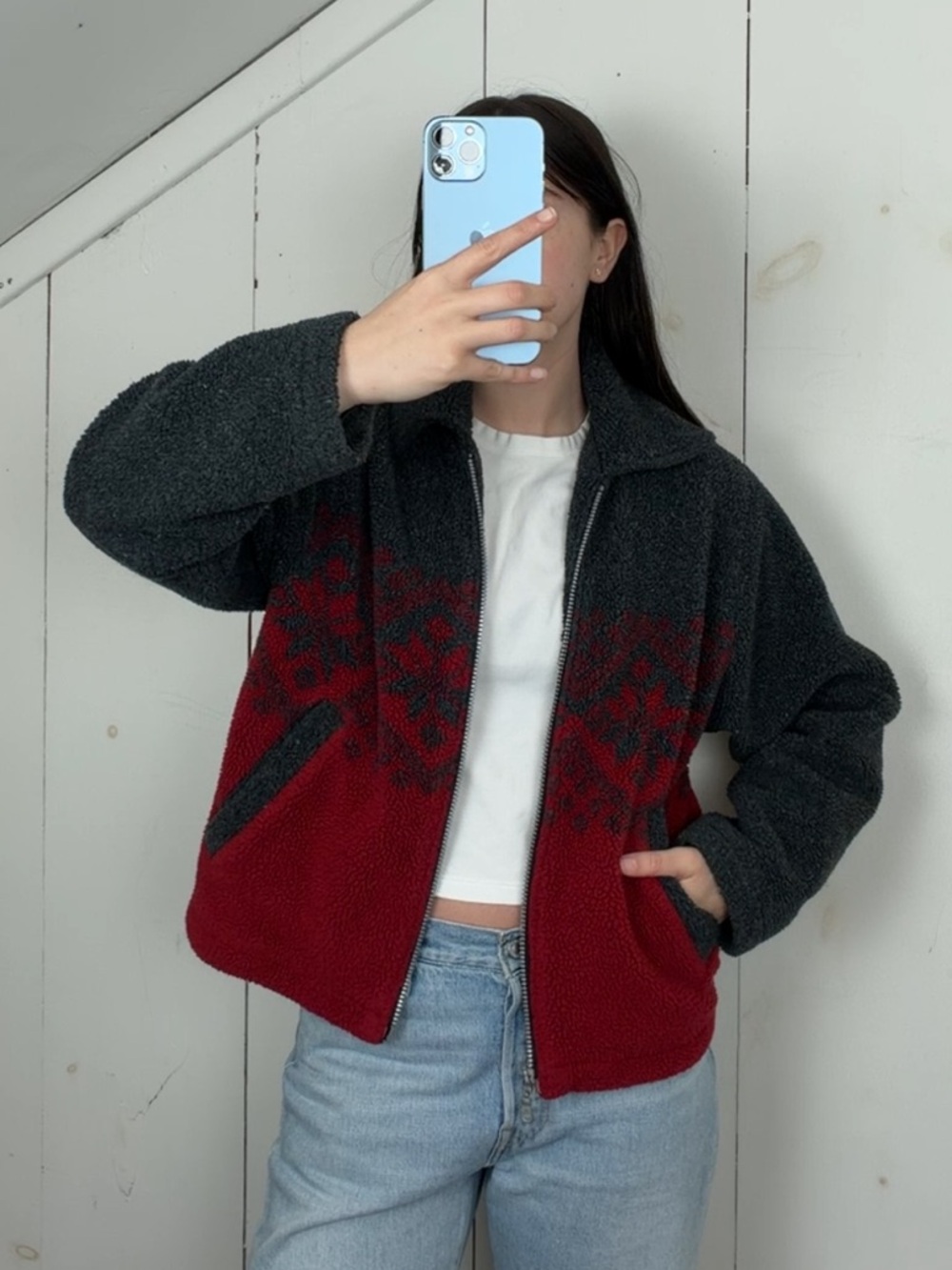 Vintage Grey Red Zip Up Sherpa Fleece Jacket Womens S Snow Ski Cottage Cabincore